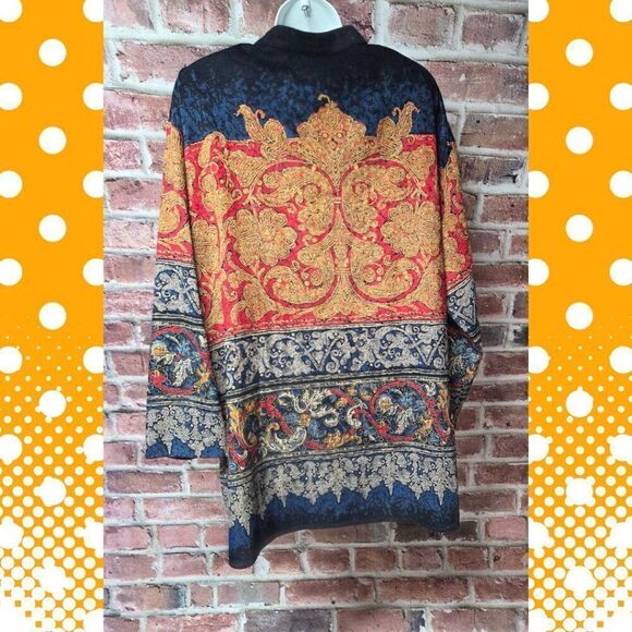 Vintage 80s Carole Little Tapestry Blazer 14 Black Gold Mandarin Collar USA - Picture 2 of 9